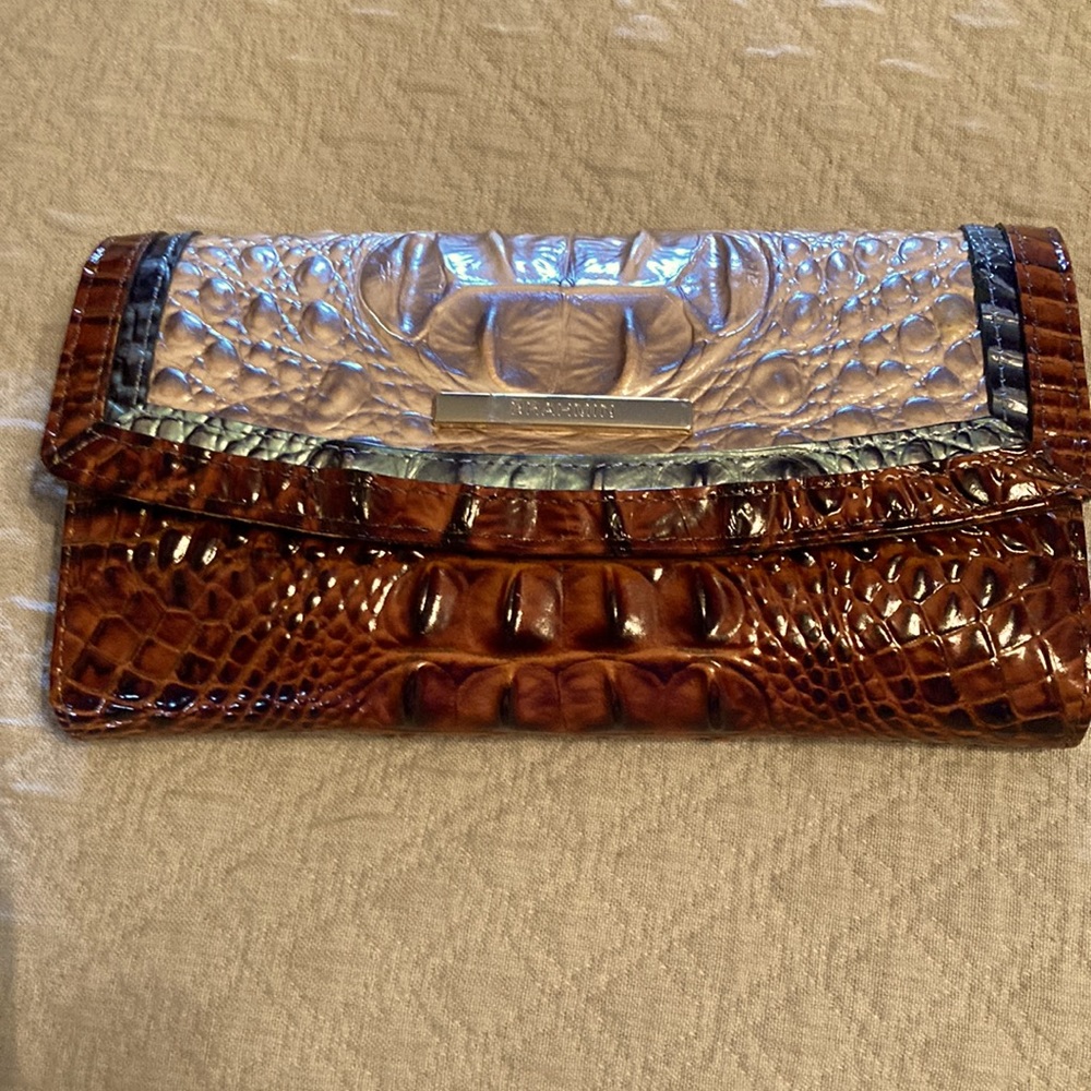 Brahmin Checkbook Wallet. NEW Pecan Moonscape Portia Genuine Leather. Tags & pen